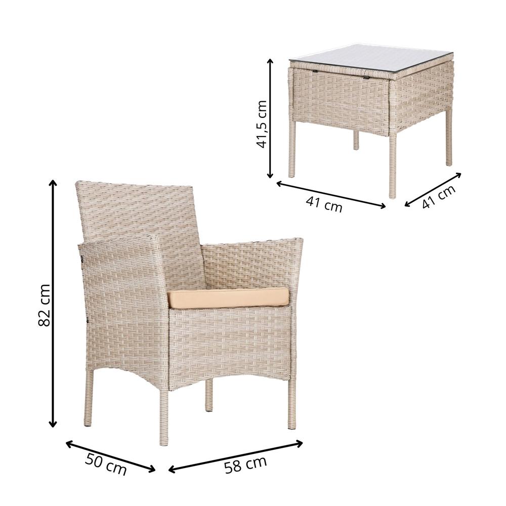 Set mobilier terasa, din tehnorattan, masa cu blat sticla securizata, 2 fotolii cu perne, bej