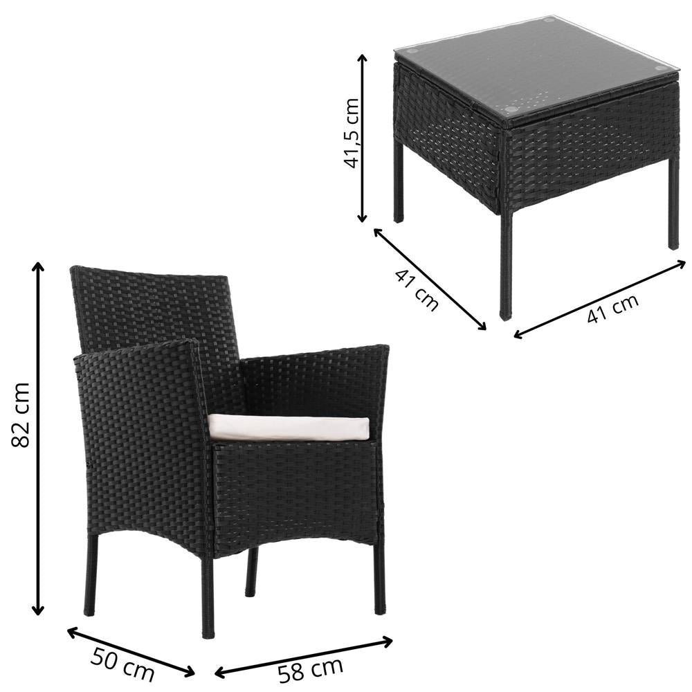 Set mobilier terasa, din tehnorattan, masa cu blat sticla securizata, 2 fotolii cu perne, negru