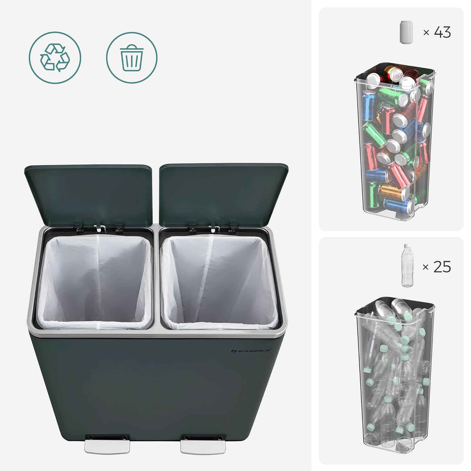 SONGMICS Cos de gunoi din inox cu 2 compartimente colectare selectiva, cu galeti interioare, 2x30litri, gri inchis