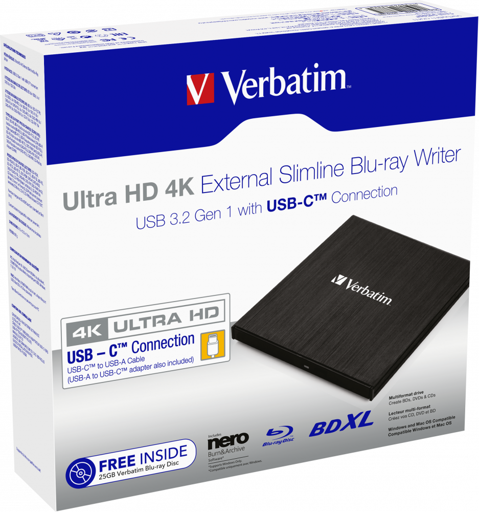 BLU-RAY WRITER VERBATIM UHD USB 3.1 + USB-C "43888"