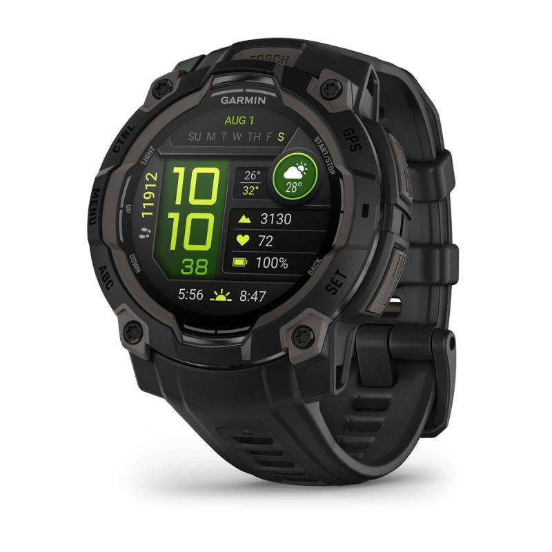 Garmin Instinct 3 AMOLED. Display diagonal: 3.05 cm (1.2"), Display technology: AMOLED, Display resolution: 390 x 390 pixels, Touchscreen. Flash memory: 4 GB. GPS (satellite). Weight: 53 g. Band material: Silicone, Band colour: Black