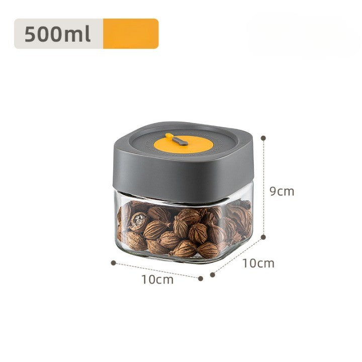 Borcan Alimentar din sticla cu Capac Vid, 500 ml, Inchidere Ermetica pentru Orice Tip de Produse, Design Patrat, 10 x 10 x 9 cm, Transparenta cu Capac Gri