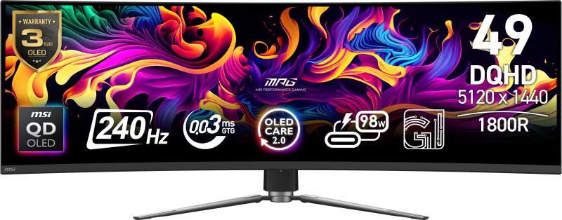 Monitor MSI 49" MPG 491CQPX QD-OLED, Curvature: 1800R, Diagonal (inch): 49, Diagonal (cm): 124, Aspect ratio: 32:9, Panel: QD-OLED, Resolution: 5120x1440, Refresh Rate: 240Hz, Response time GtG: 0.03ms, Brightness (max): 450 cd/m², Contrast (static) : 1.5