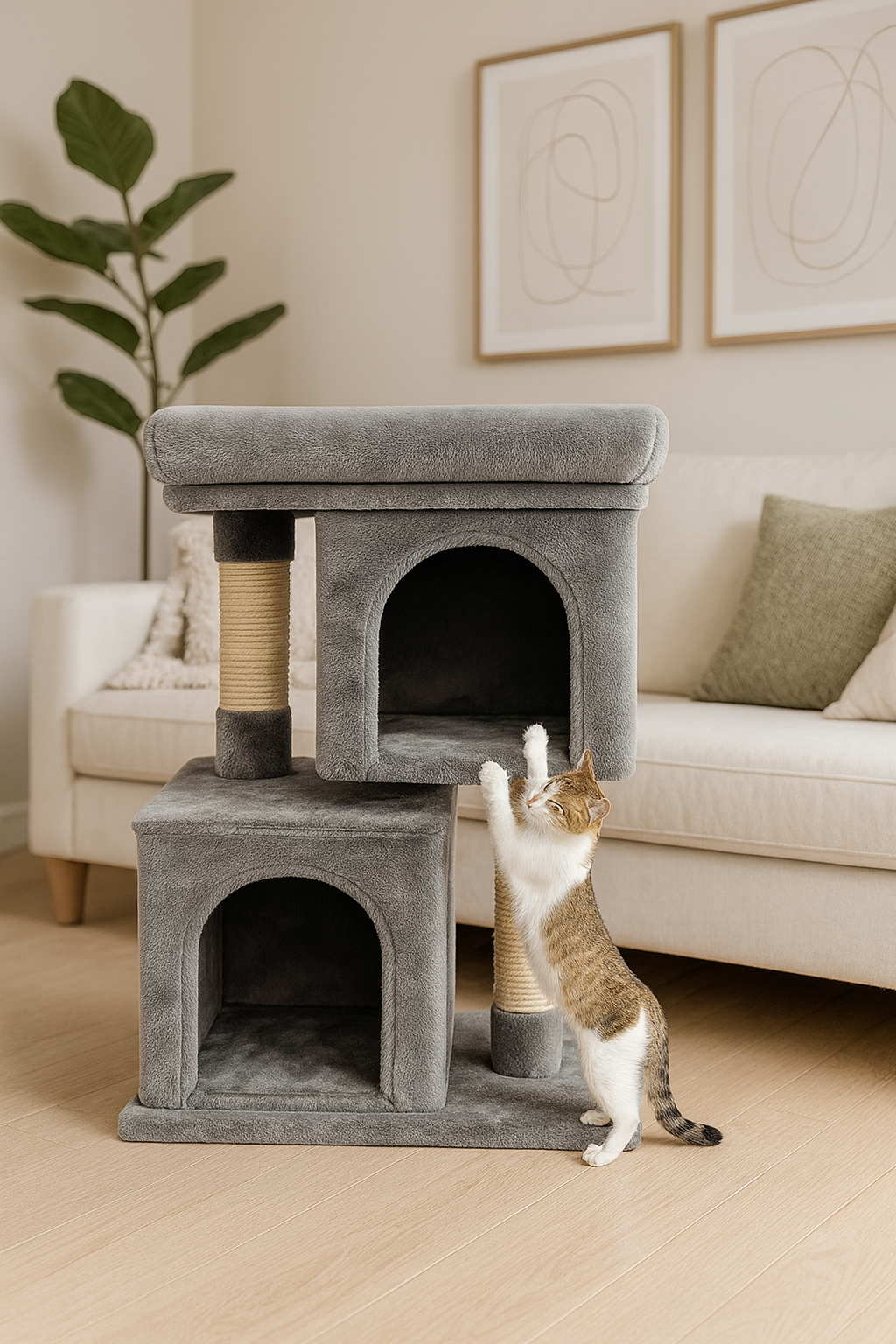 Ansamblu de zgariat pentru pisici tip turn cu 2 niveluri, tunel, casuta si pat, MDF si plus, 67 cm, gri