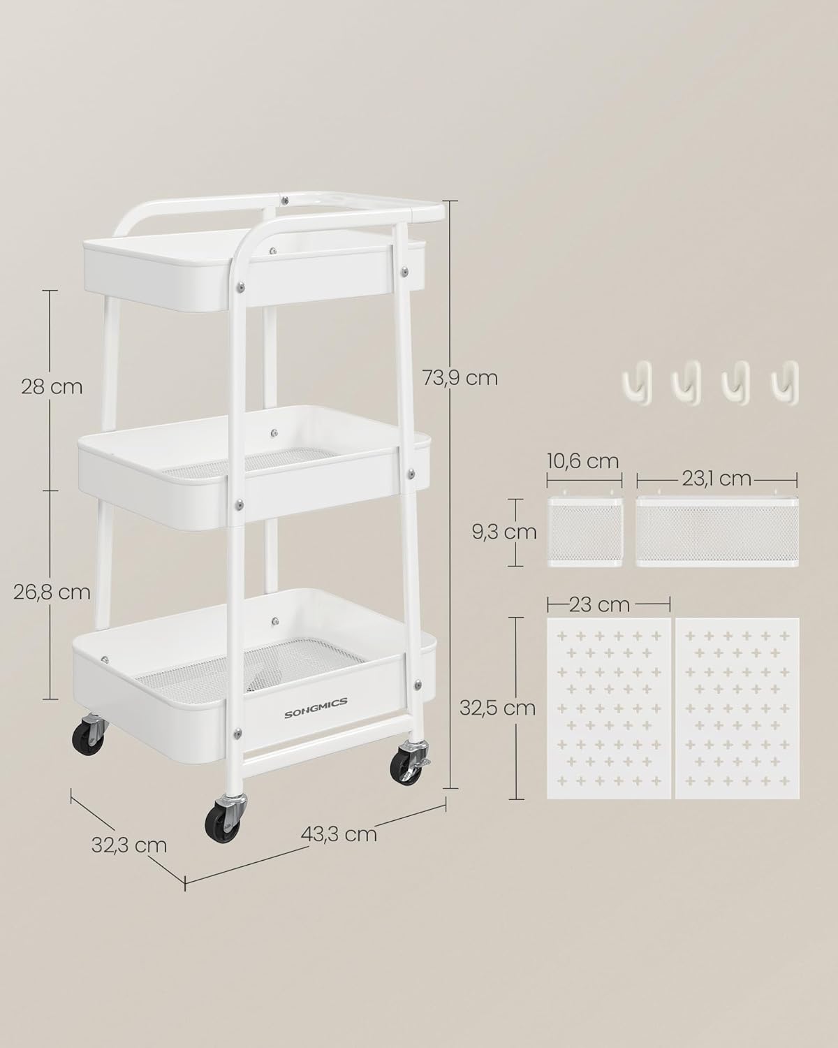 SONGMICS Raft de depozitare mobil tip carucior rulant, pentru baie sau bucatarie, cadru otel, 32x43x74 cm, alb