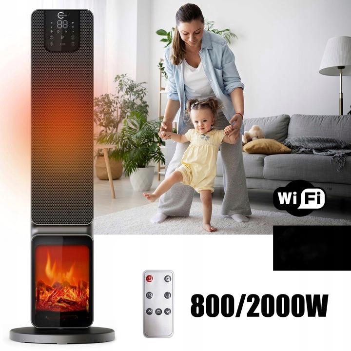 Semineu electric, 2000W, 2 trepte, cu termostat si telecomanda, timer, dispay LED, WiFi