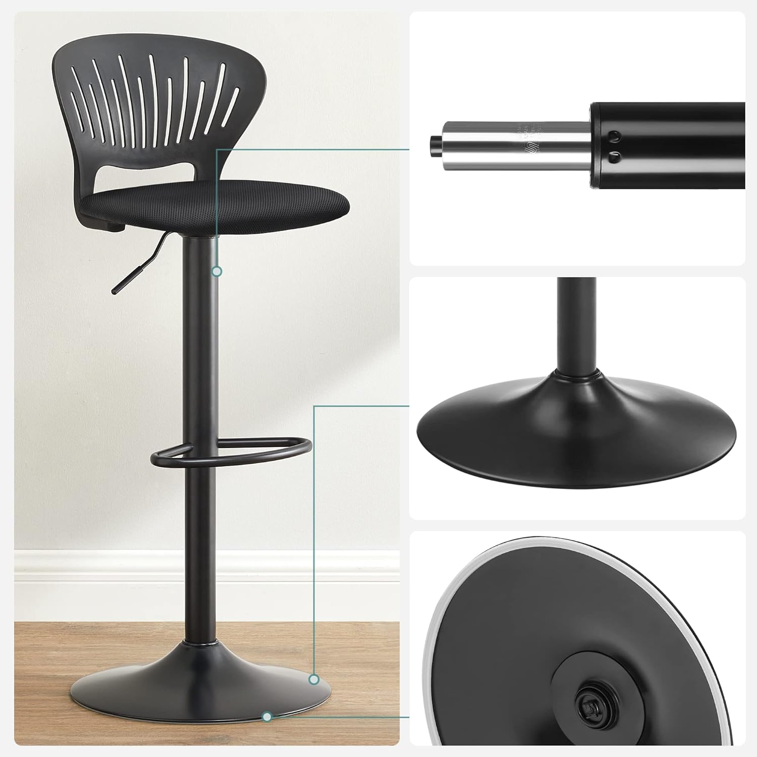 SONGMICS Set 2 scaune de bar captusite, reglabile, cu spatar si suport pentru picioare, rotatie la 360, 39x42x107cm, negru