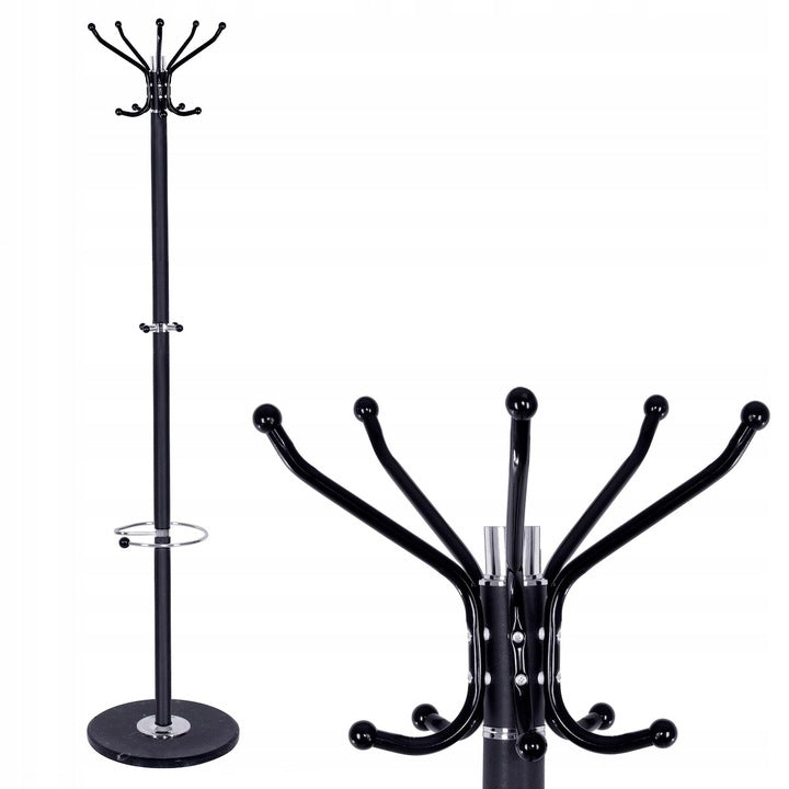 Cuier tip pom din metal cu baza de marmura, 14 agatatoare, 176cm, negru