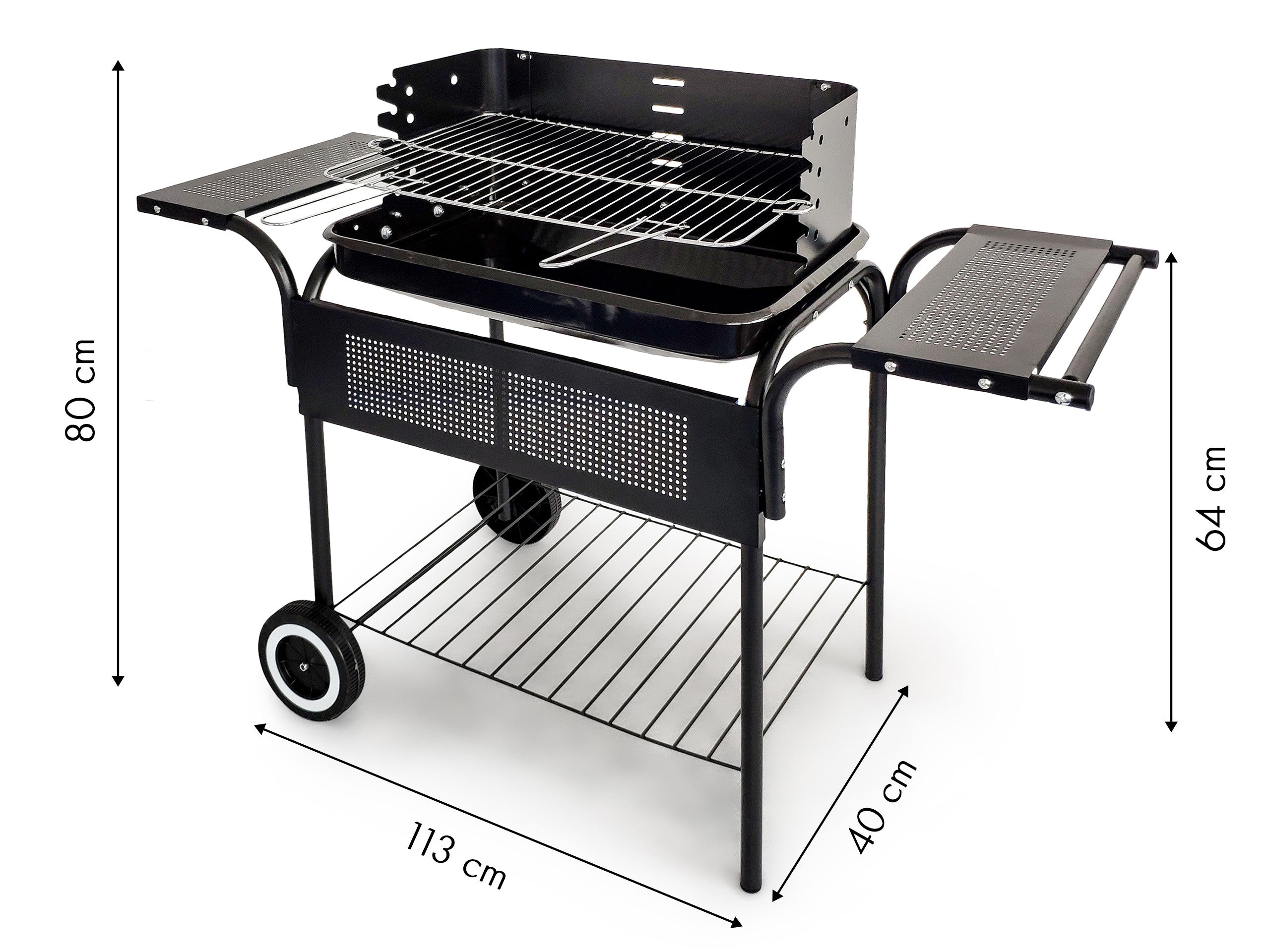 Gratar gradina 113x40x80 cm, gratar cromat 53x34 cm, 5 trepte reglaj, 3 rafturi si roti pentru mobilitate