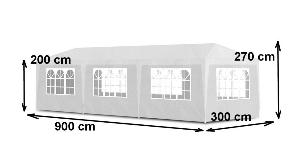 Pavilion de gradina 300x900 cm, 8 pereti detasabili cu ferestre si usa, structura metalica, PE impermeabil, alb