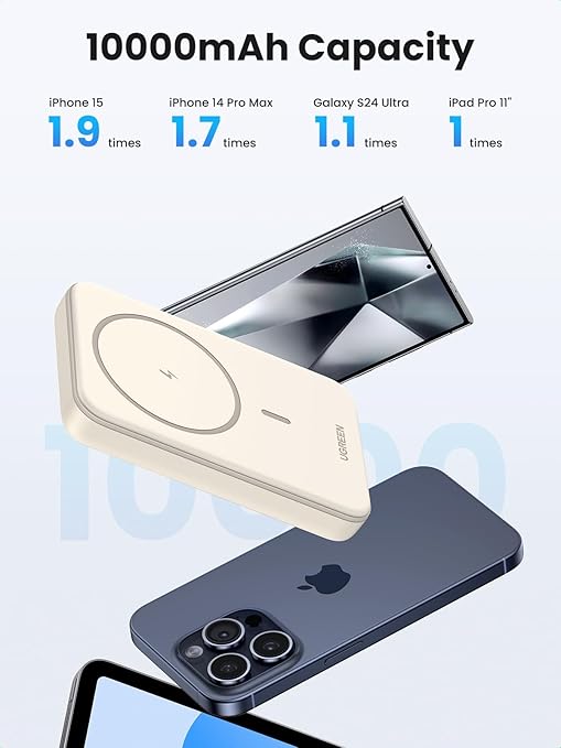 POWER BANK Ugreen "PB561" Magnetic Wireless, 10000mAh, 20W, 1 x USB Type-C output/input, 15W wireless charging, alb, "25208" - 6941876222087