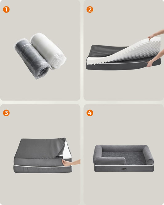 FEANDREA Pat ortopedic pentru caini, cu margini inaltate si husa detasabila, 106x80x20 cm, gri deschis - 2