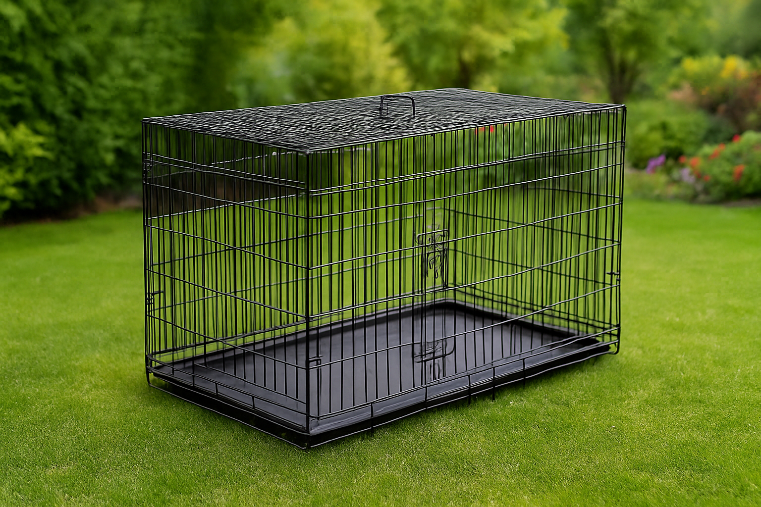 Cusca metalica pentru caine XXXL, pliabila, cu tava detasabila, 121x74x81 cm, negru