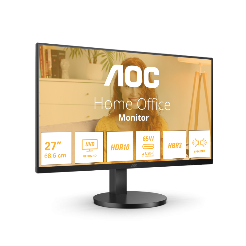 Monitor AOC 27" U27B3CF, Diagonal (inch): 27, Diagonal (cm): 69, Aspect ratio: 16:9, Panel: IPS, Resolution: 3840x2160, Refresh Rate: 60Hz, Response time GtG: 4ms, Brightness (max): 350 cd/m², Contrast (static) : 1000:1, Contrast (dynamic): 20M:1, Viewing