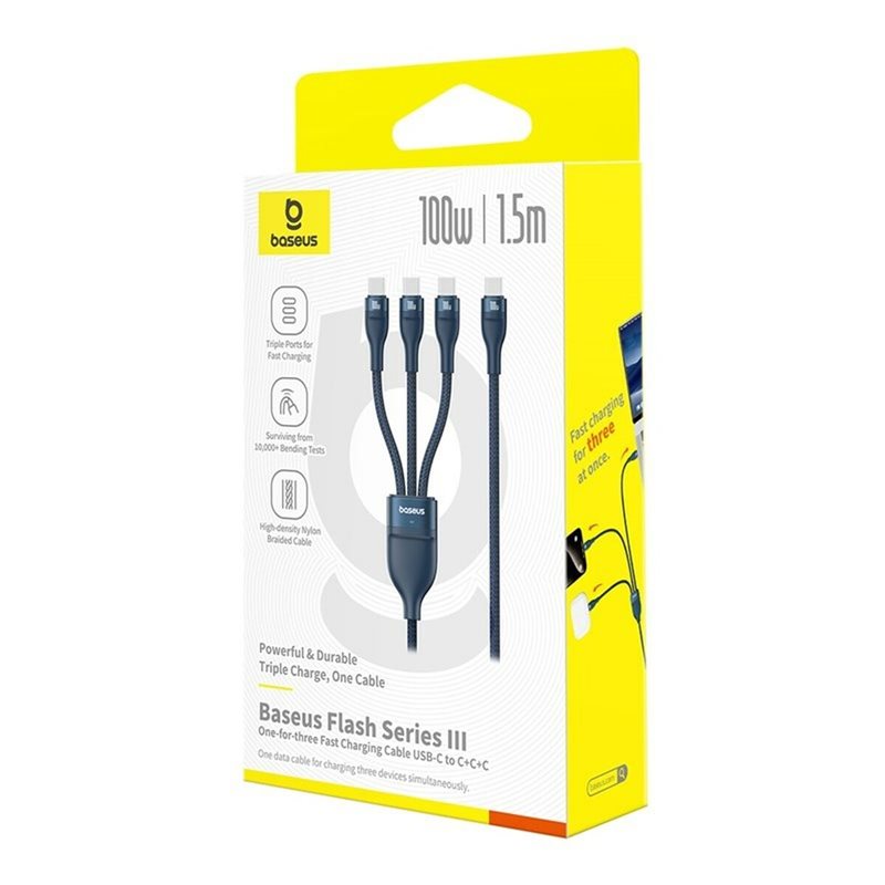 CABLU alimentare si date Baseus One-for-three, Fast Charging Data Cable pt. smartphone, USB Type-C la 3 x USB Type-C 100W, 1.5m, albastru "P10377503321-00" - 6932172669805