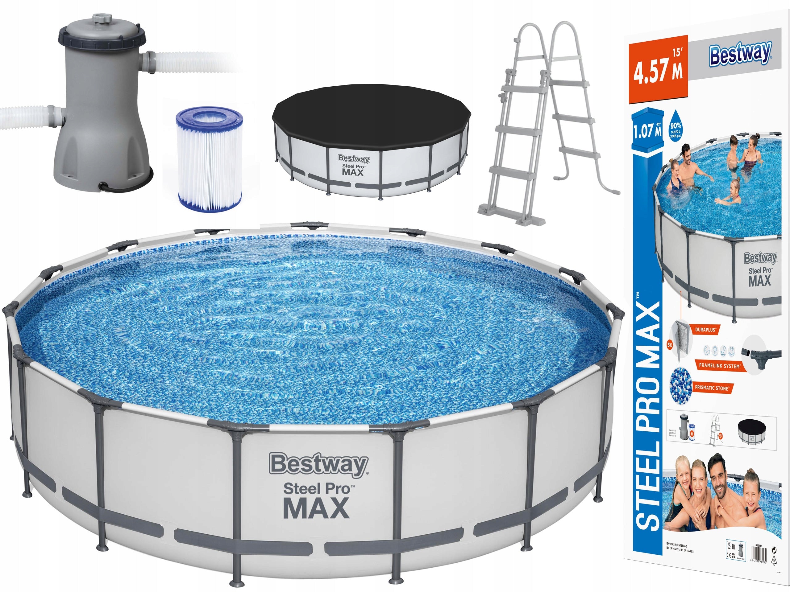 Piscina rotunda cadru metalic Bestway, Steel Pro MAX, 457 x 107 cm, cu toate accesoriile