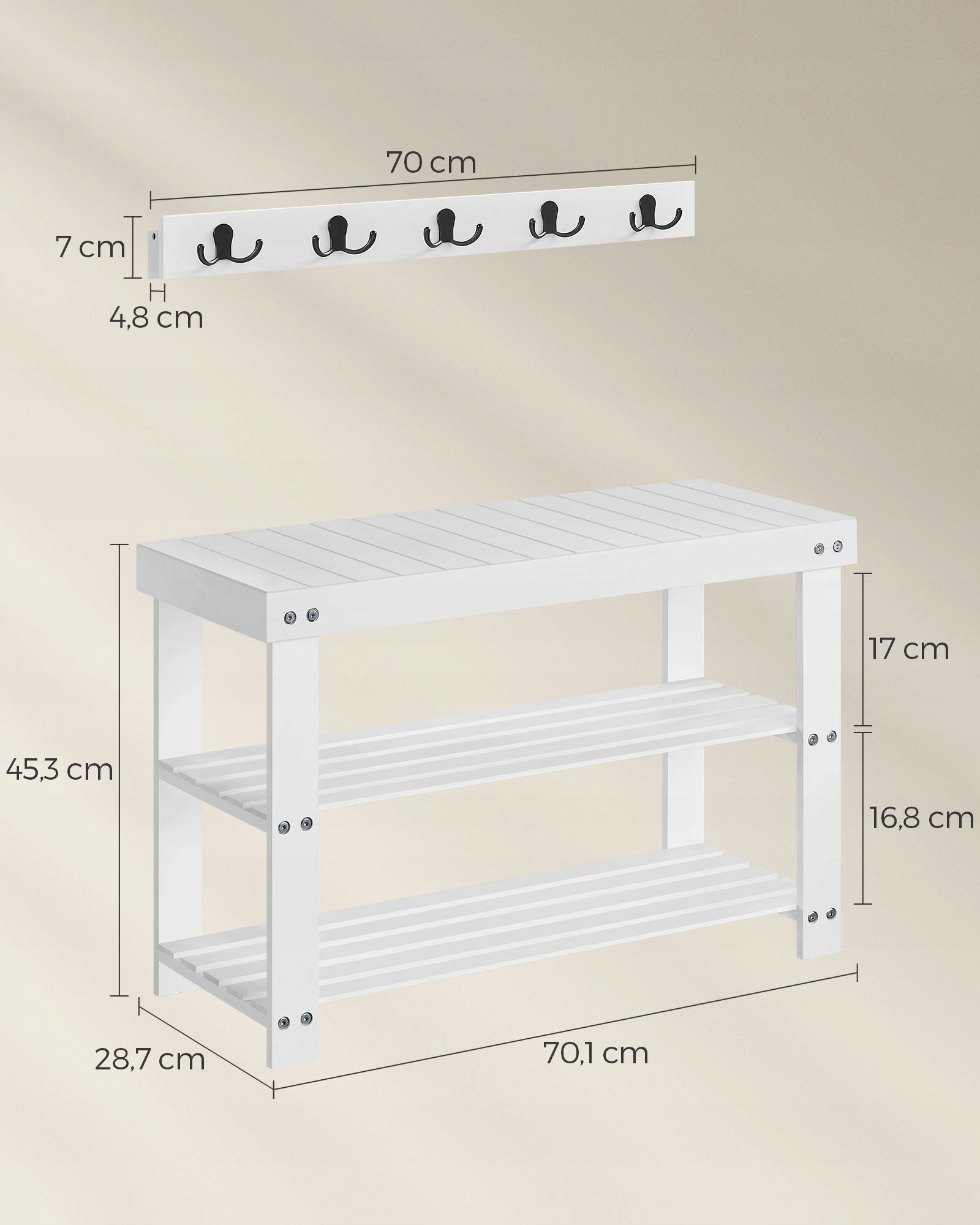 SONGMICS Set multifunctional pentru hol cu banca pentru pantofi si cuier, din bambus, 29x70x45 cm, alb
