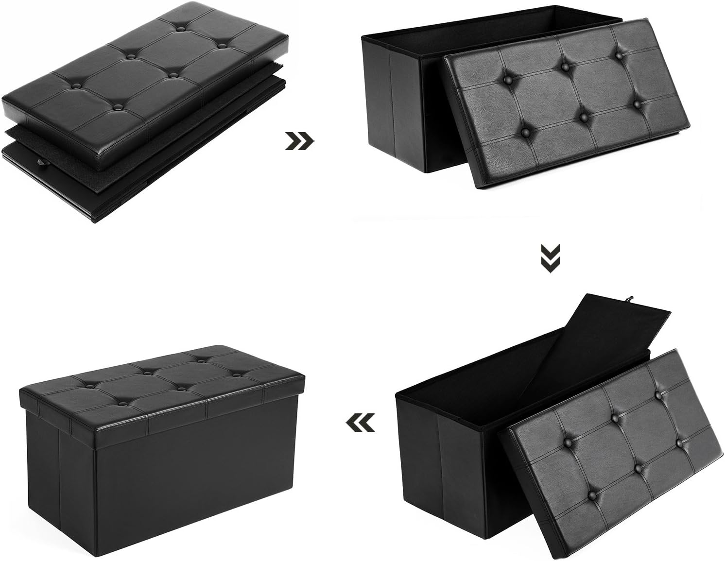 SONGMICS Taburet pliabil cu sezut moale, spatiu depozitare 80 litri, max 300kg, 76x38x38 cm, negru