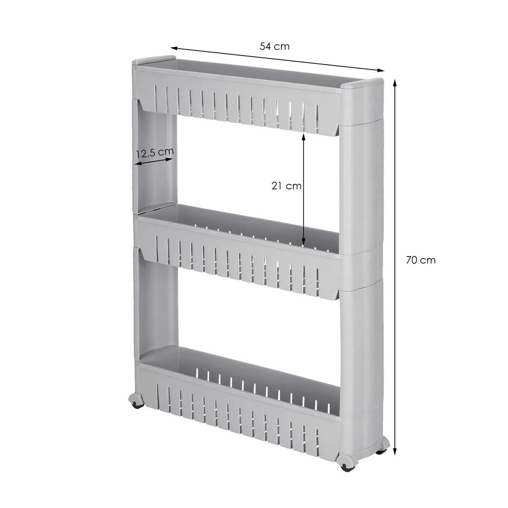 Sistem rafturi de depozitare cu roti pentru bucatarie sau baie cu 3 polite, 54x13x70cm, gri