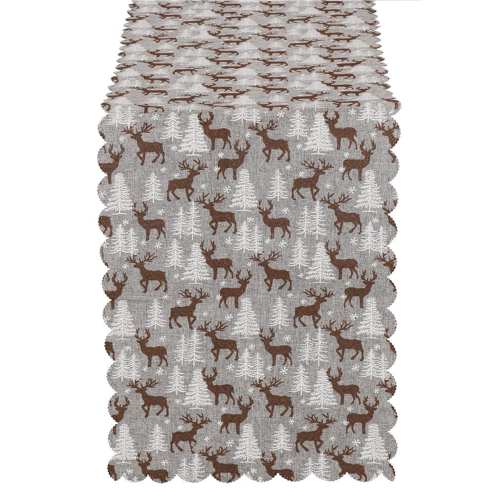 Fata de masa pentru decor, cu motive de Craciun, din stofa, 35x186cm, gri
