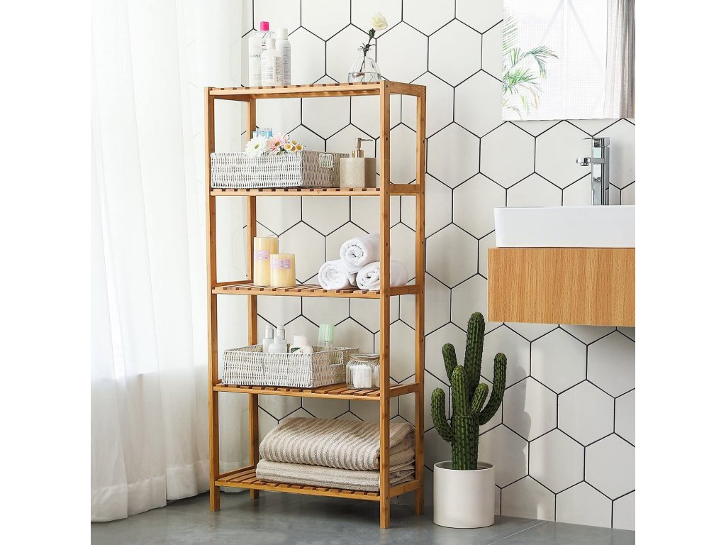 SONGMICS Raft de depozitare din bambus, 5 polite, pentru bucatarie sau baie, 130x60x26cm, maro natural
