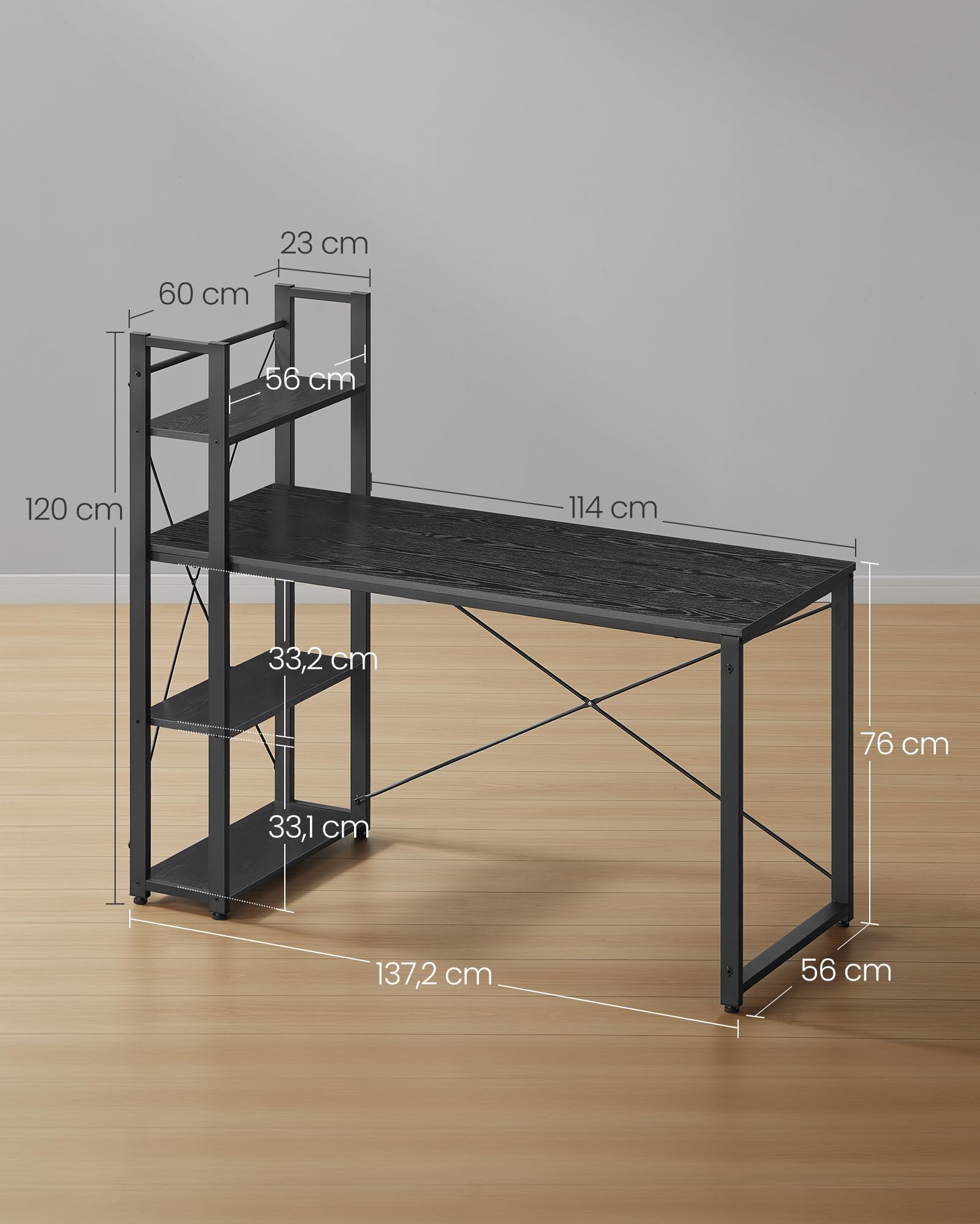 VASAGLE Birou cu raft lateral, montare stanga sau dreapta, industrial, 60x132x119 cm, negru