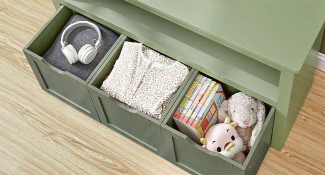 VASAGLE Dulap depozitare jucarii, din MDF, cu 3 compartimente detasabile pe roti, 30x102x60 cm, verde