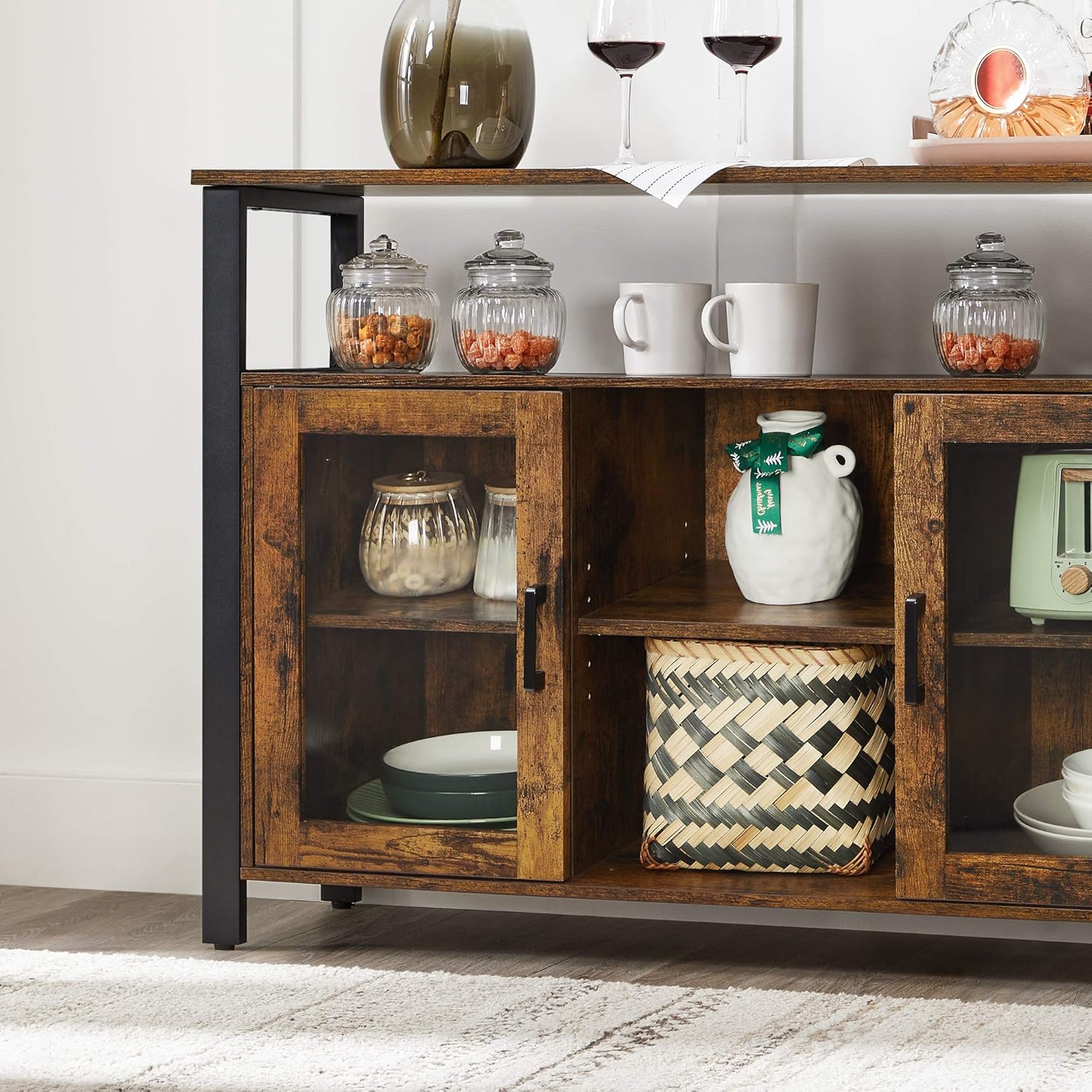 VASAGLE Comoda tip bufet, cu 2 usi cu sticla, rafuri reglabile, stil industrial, 100x35x80cm, maro rustic