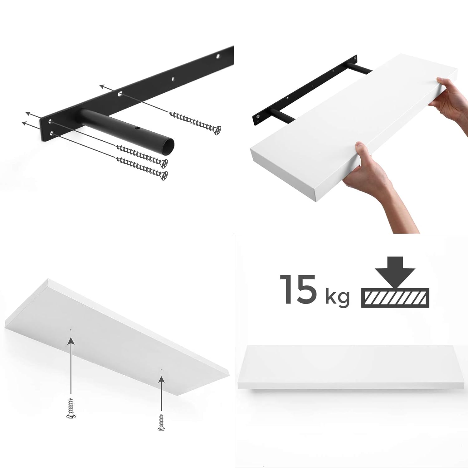 VASAGLE Raft de perete suspendat plutitor, MDF, sistem montare inclus, 80x20x4cm, alb