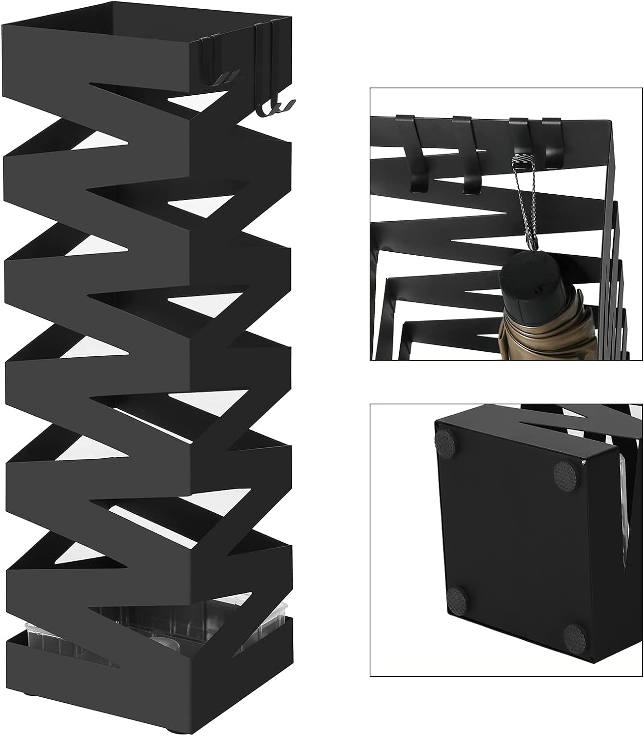 Suport metalic pentru umbrele, cu carlige si tava de picurare, 15x15x49cm, negru
