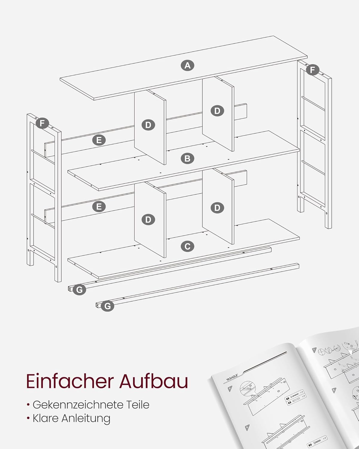 VASAGLE Biblioteca, raft cu 6 unitati de depozitare, din lemn, 33x120x80 cm, gri stejar - 7