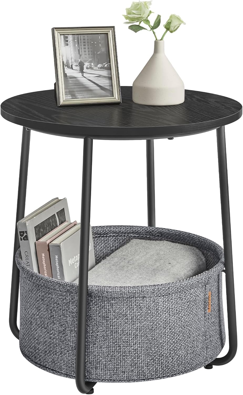VASAGLE Masuta de cafea rotunda cu cos de stofa, stil modern, 45x50cm, negru-gri