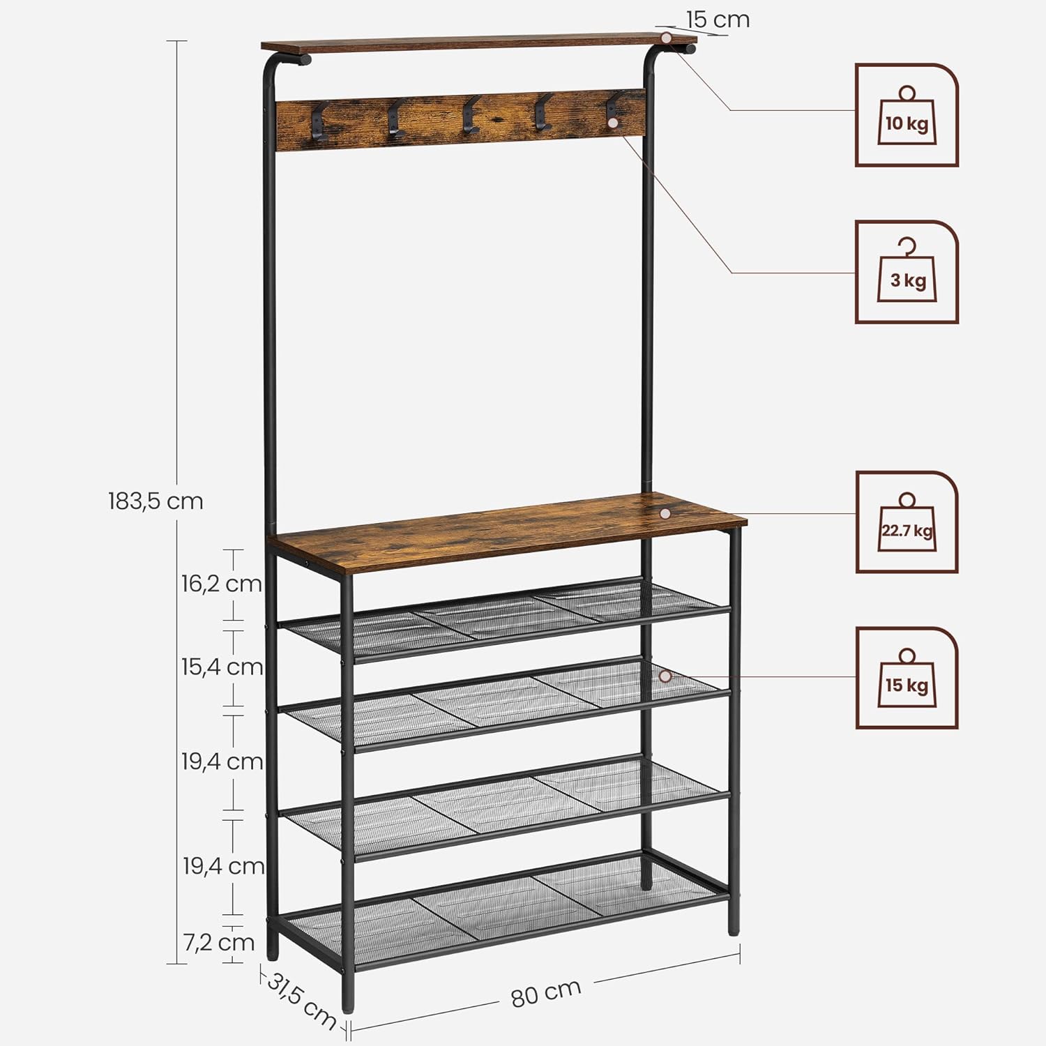 VASAGLE Cuier de hol cu depozitare pentru pantofi, 5 niveluri, 5 carlige duble, raft, 80x31x183cm, industrial, maro rustic si negru