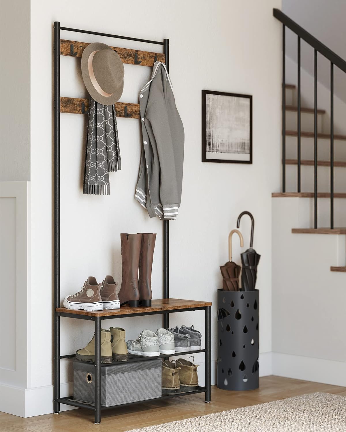 Cuier pentru haine cu banc de depozitare a pantofilor, cadru din otel, 32x70x177cm, industrial, maro rustic si negru