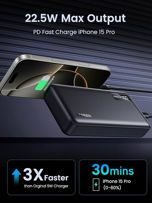 POWER BANK Ugreen "PB312", 20000mAh, 22.5W, 1 x USB Type-C input, 1 x USB Type-C output, 2 x USB output, gri, "25683" - 6941876226832