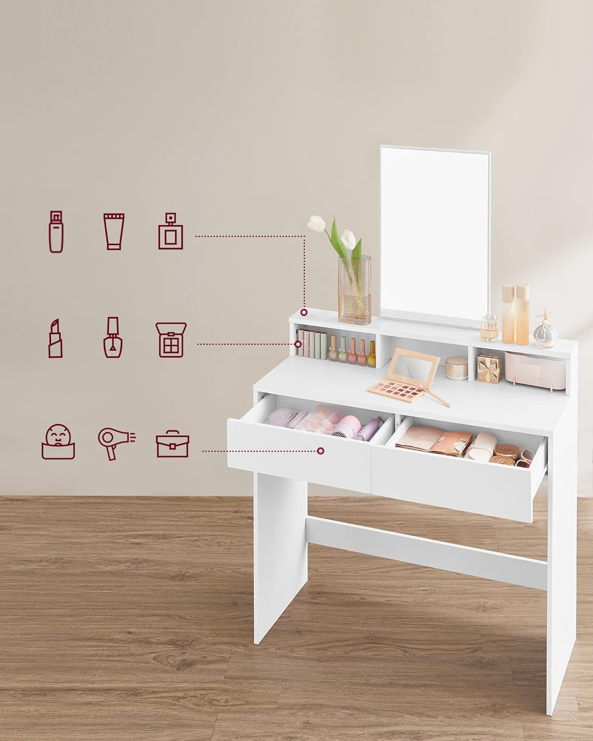 Masa de toaleta cu oglinda, cu 2 sertare si 3 compartimente deschise, 40x80x140cm, stil modern, alb