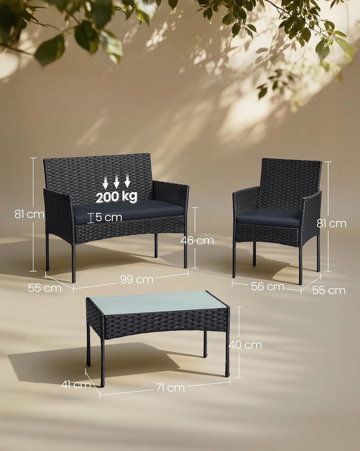 SONGMICS Set mobilier gradina 4 locuri, canapea, 2 scaune si masa cu sticla, ratan PE, negru si gri