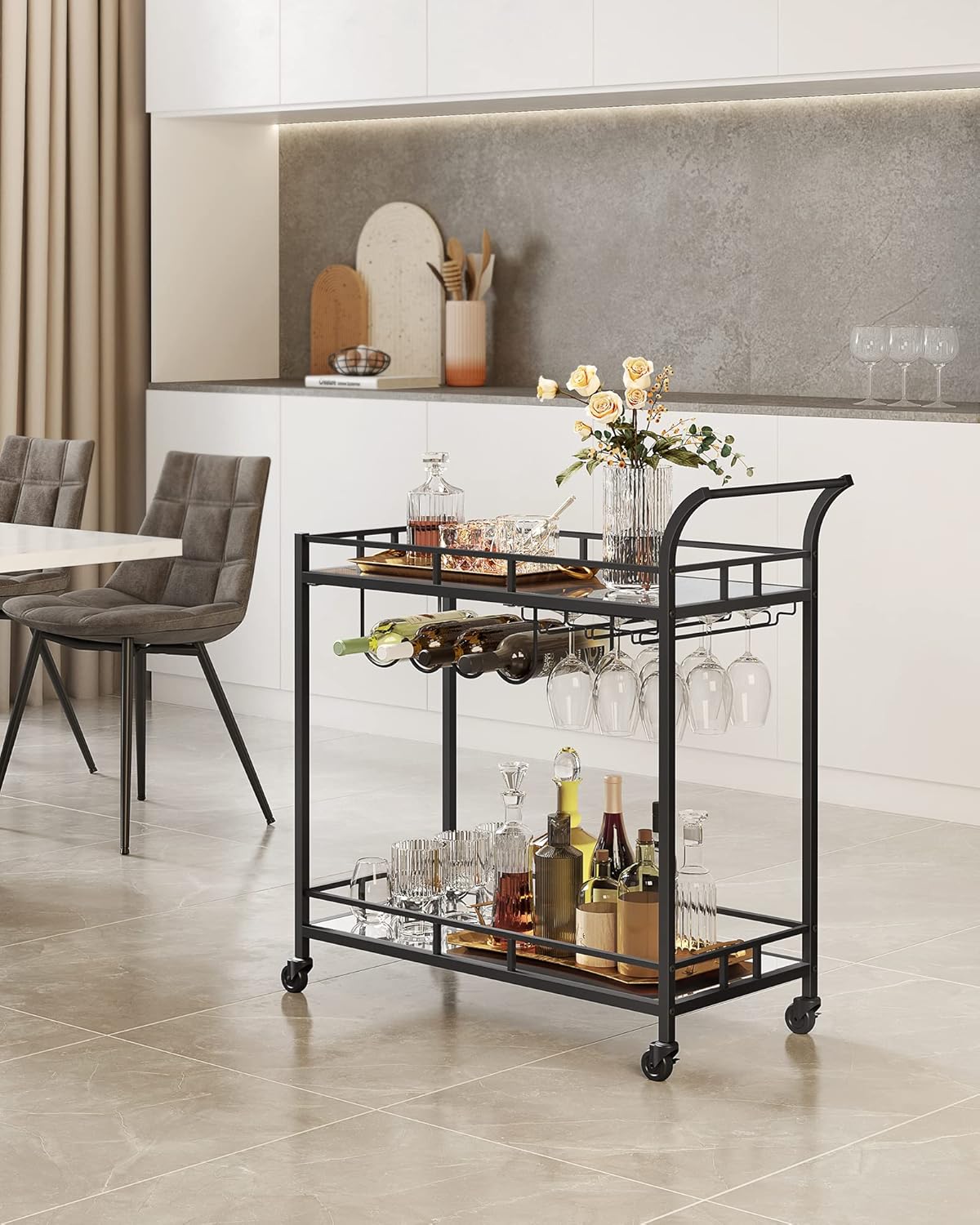 VASAGLE Carucior de servire pentru vin, suport sticle si pahare, cu 2 rafturi din sticla, 38x86x90 cm, negru