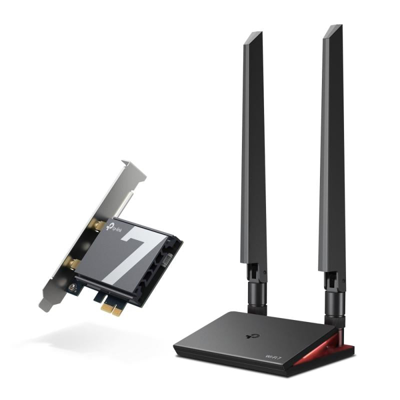BE9300 Tri-Band Wi-Fi 7 Bluetooth PCI Express Adapter SPEED: 5760 Mbps at 6 GHz + 2880 Mbps at 5 GHz + 688 Mbps at 2.4 GHz SPEC: 2× High Gain Tri-Band External Antennas, Include High Gain Tri- Band Antennas with Extension Cable & Magnet Base, Multicolor