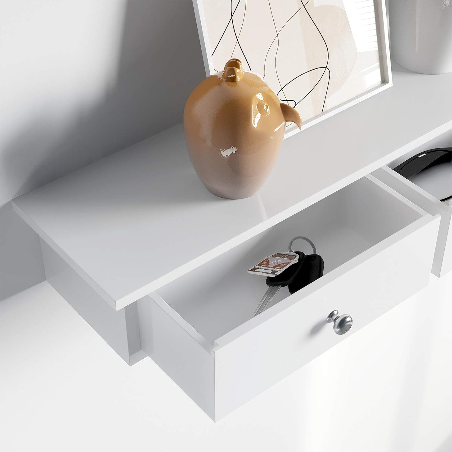 SONGMICS Raft de perete plutitor cu 3 sertare, din MDF lucios, 80x15x10 cm, alb