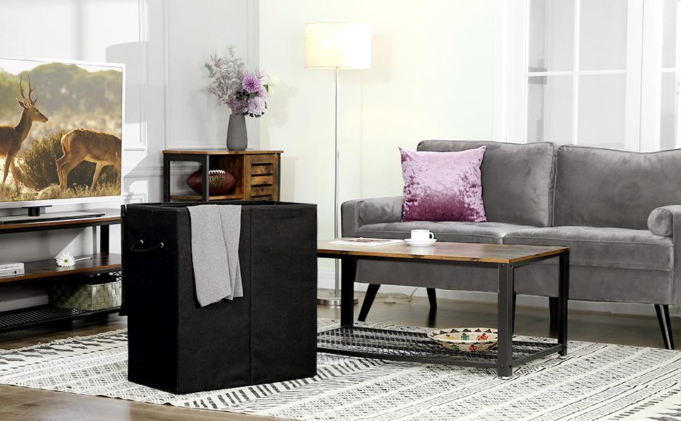 SONGMICS Cos de rufe textil, pliabil, 2 compartimente, saci detasabili, 142L, 60x36x66cm, negru