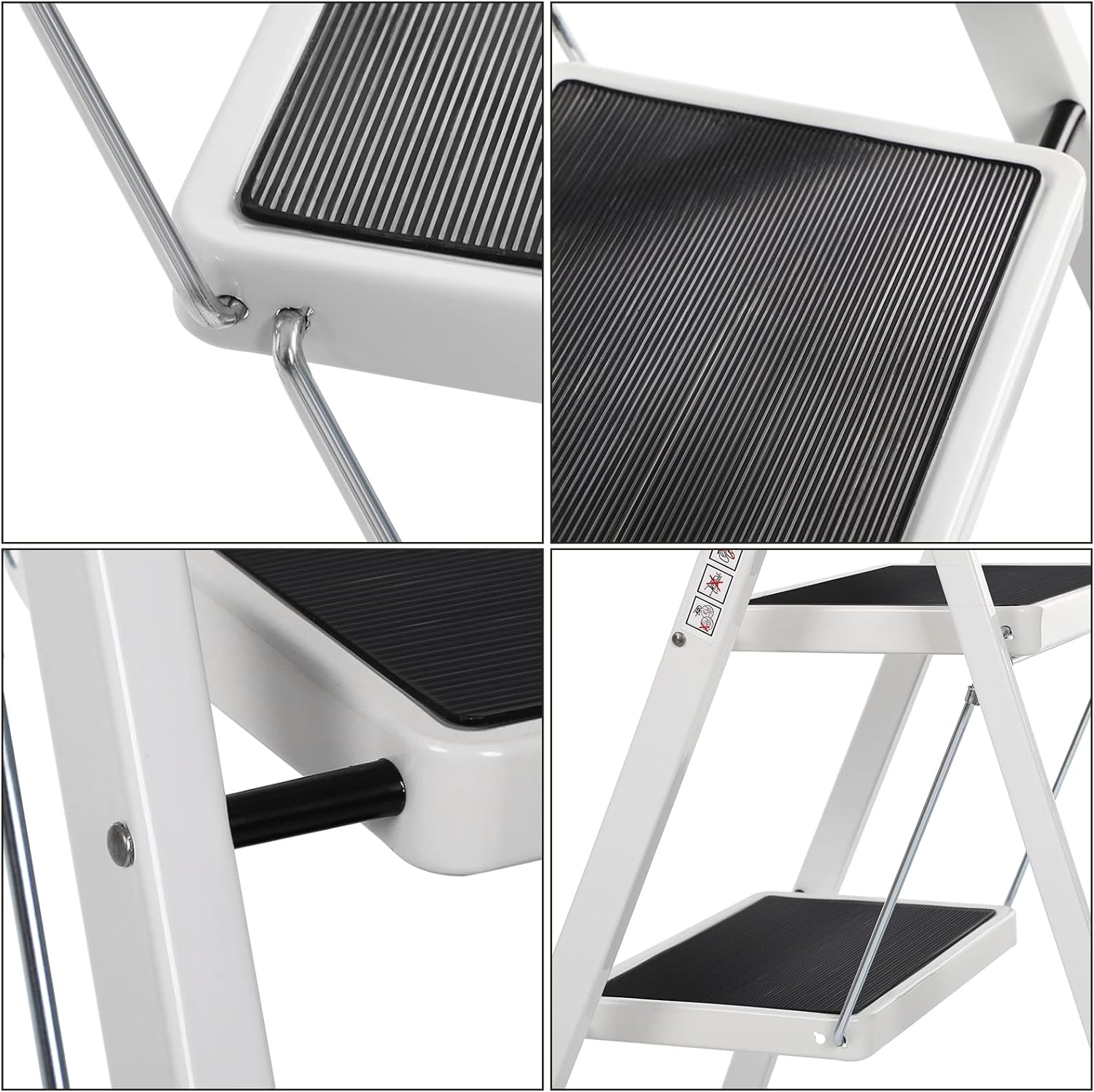 SONGMICS Scara pliabila cu 2 trepte, cauciuc antiderapant, sarcina 150 kg, otel, 45x55x82cm, alb si negru
