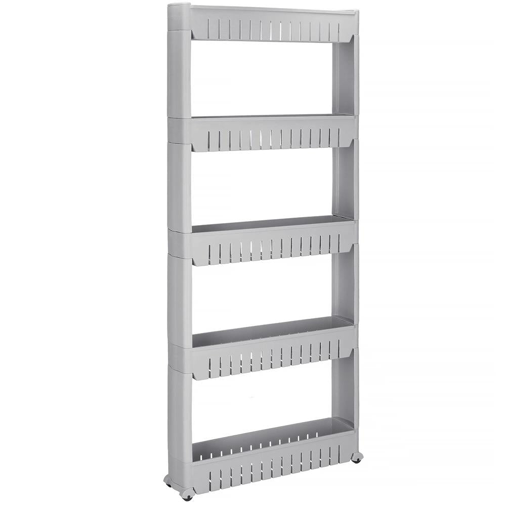 Sistem rafturi de depozitare cu roti pentru bucatarie sau baie cu 5 polite, 54x13x132cm, gri