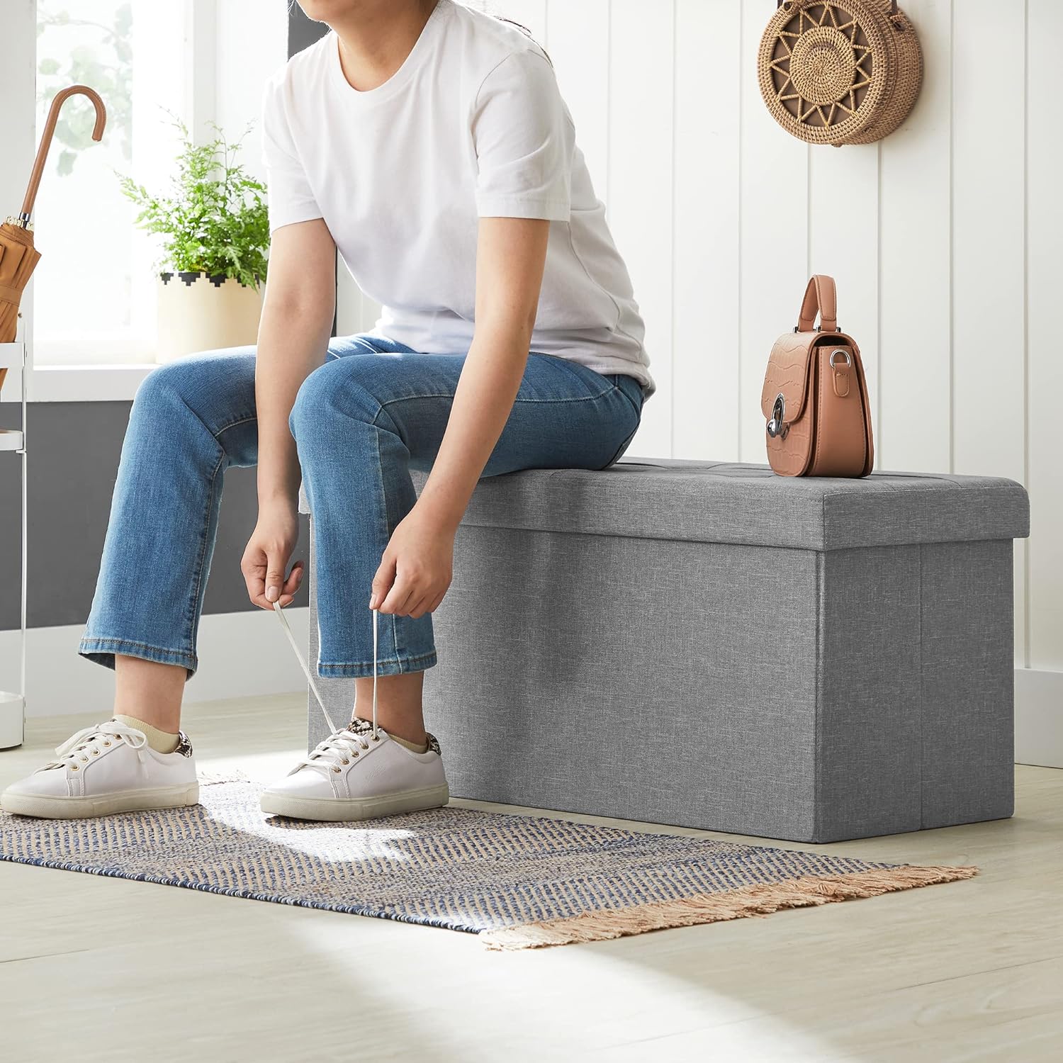 SONGMICS Taburet pliabil cu sezut moale, spatiu de depozitare 80litri, maxim 300kg, 76x38x38cm, gri