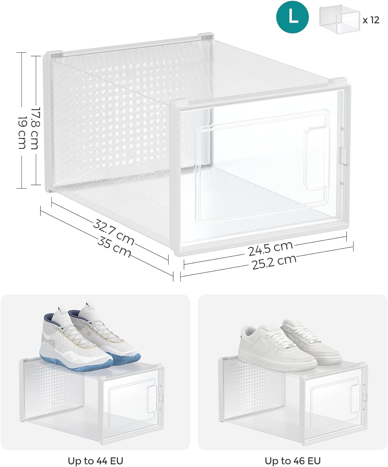 Cutii de pantofi, set de 12 organizatoare stivuibile, structura rezistenta ABS, 35x25x19cm, transparent