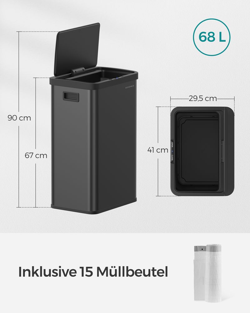 SONGMICS Cos de gunoi din inox, cu senzor si soft-close, 68 litri, 41x30x67 cm, negru