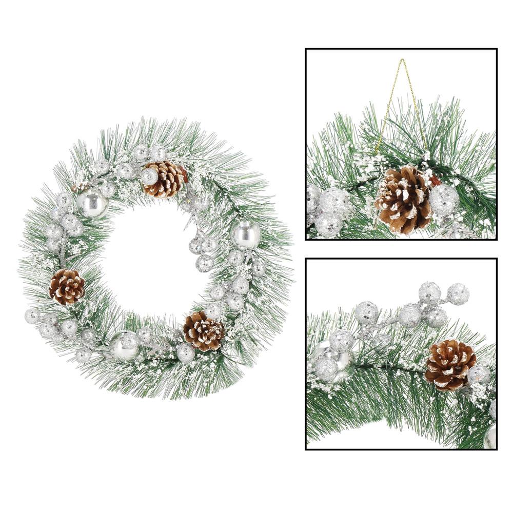 Coronita pentru Craciun, 24 cm, din brad artificial, cu conuri si zapada, verde