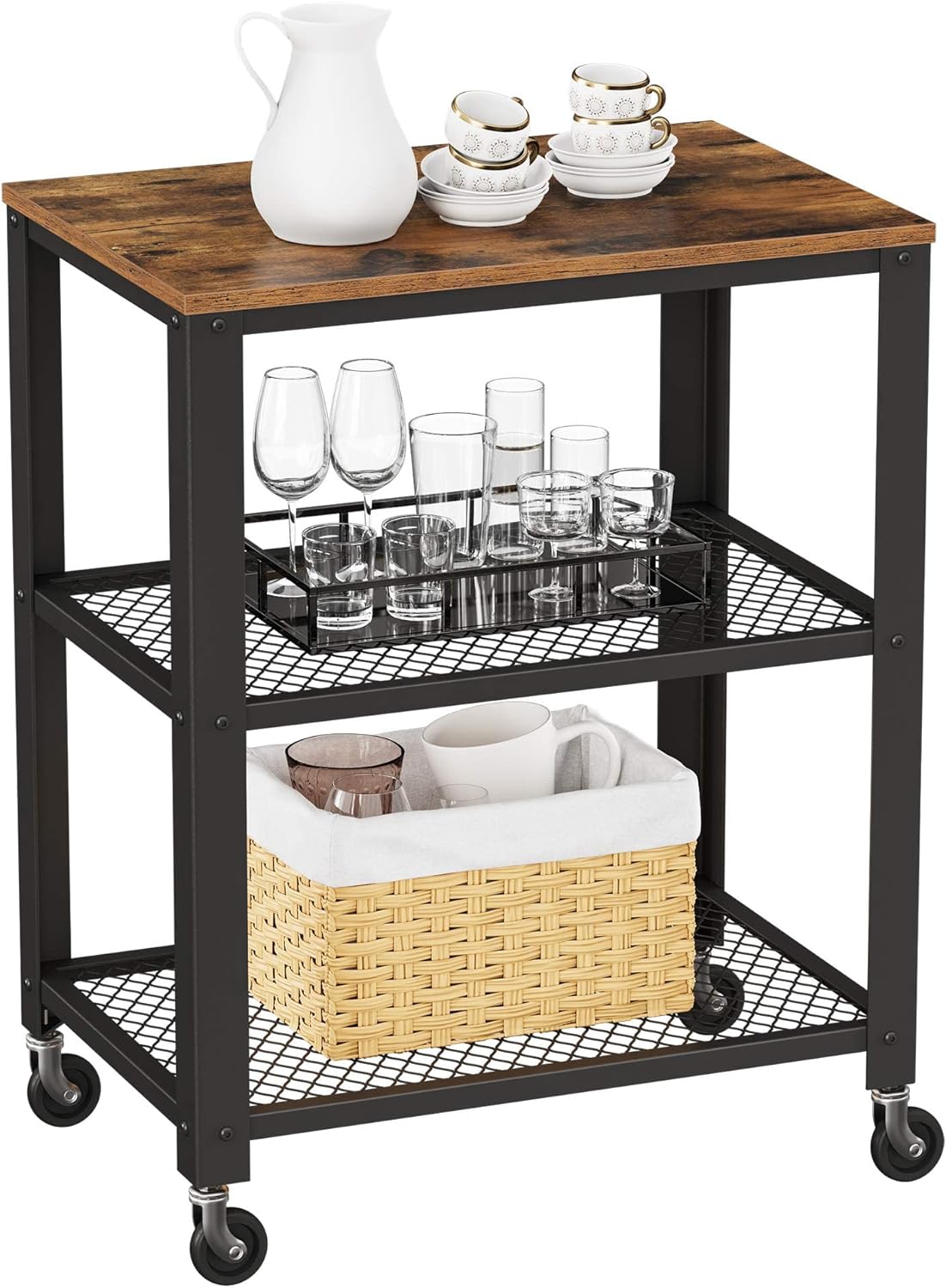 Carucior de servire pe roti, cu polite, pentru bucatarie, 40x60x77cm, industrial, maro rustic
