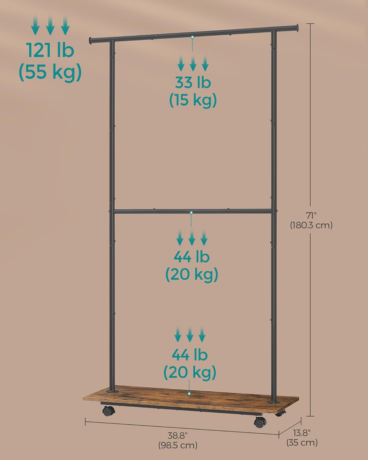 SONGMICS Suport pentru haine cu 2 sine de agatat si polita inferioara, pe roti, 35x99x180 cm, negru - 8