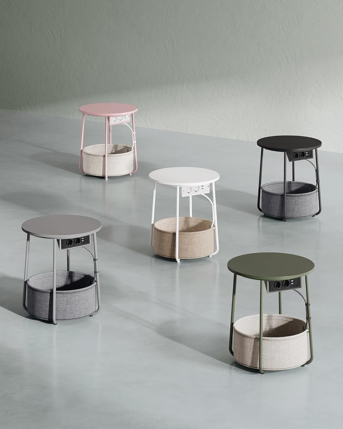 VASAGLE Masuta de cafea rotunda cu cos de stofa, statie de incarcare 2 prize si 2 USB, 45x50cm, verde crem - 8